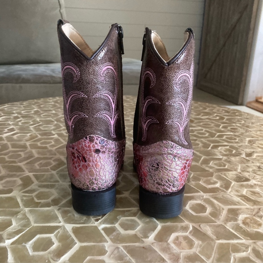 NEW!  Old West toddler square toe cowboy boots in antique pink/brown/crackle - Picture 4 of 9